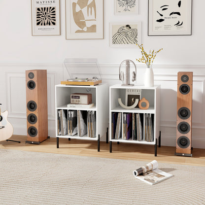 Record Player Stand with Record Storage Shelf and Charging Station-White