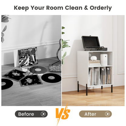 Record Player Stand with Record Storage Shelf and Charging Station-White