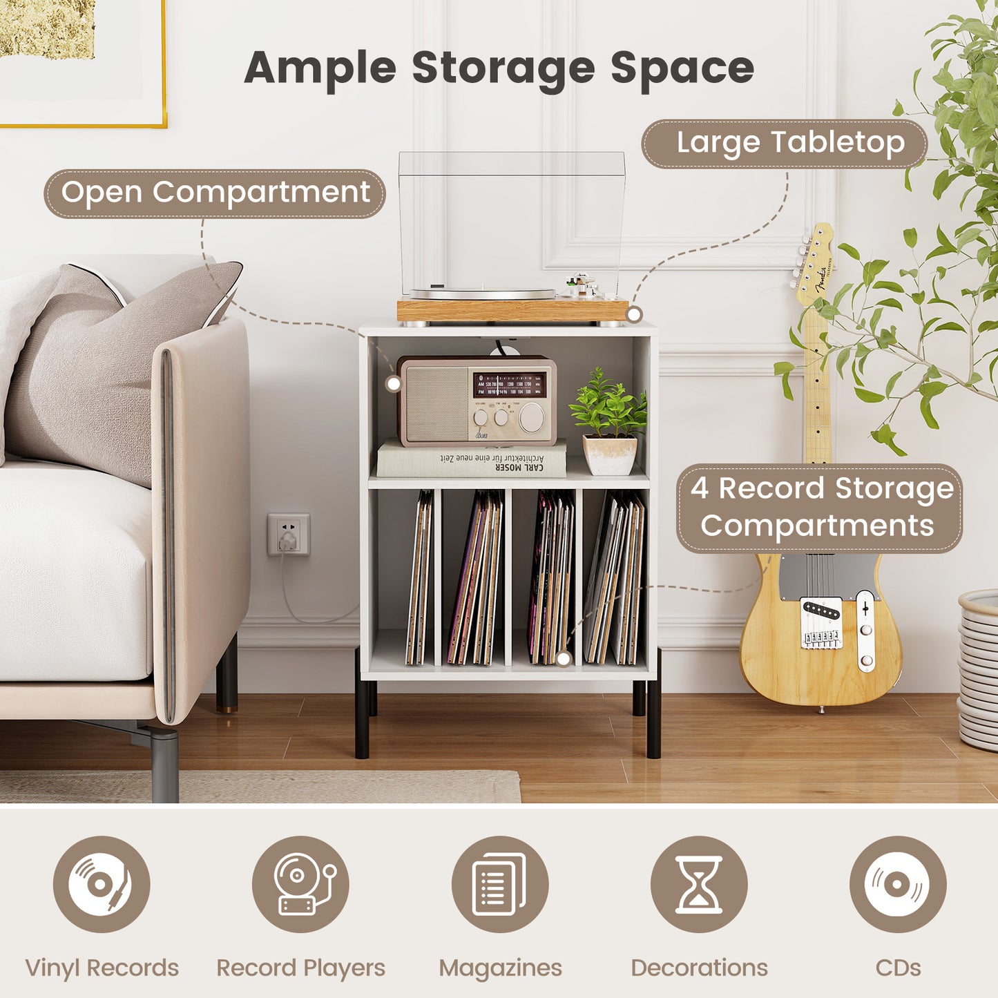 Record Player Stand with Record Storage Shelf and Charging Station-White
