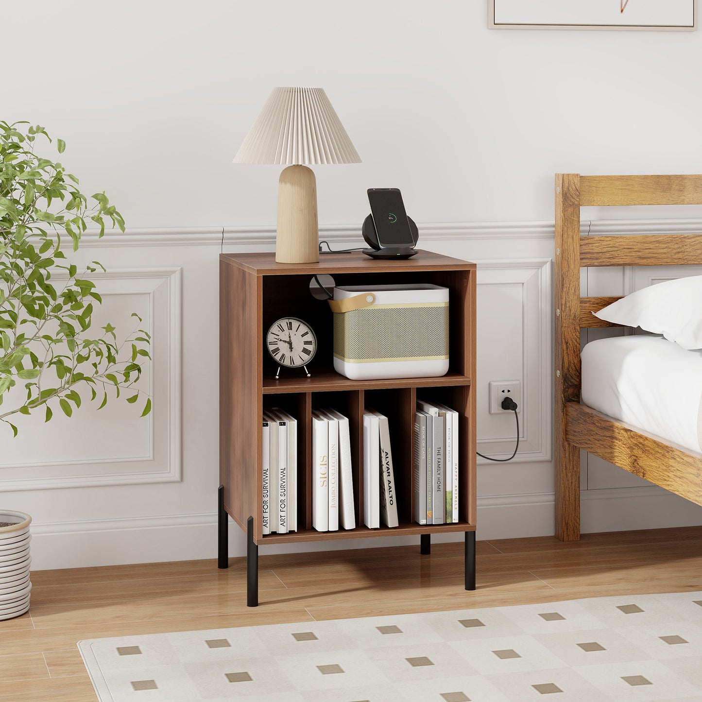 Record Player Stand with Record Storage Shelf and Charging Station-Walnut
