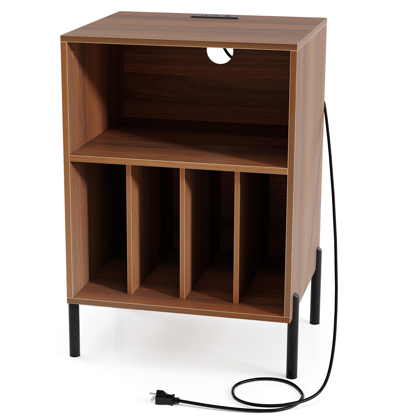 Record Player Stand with Record Storage Shelf and Charging Station-Walnut