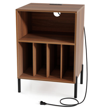 Record Player Stand with Record Storage Shelf and Charging Station-Walnut