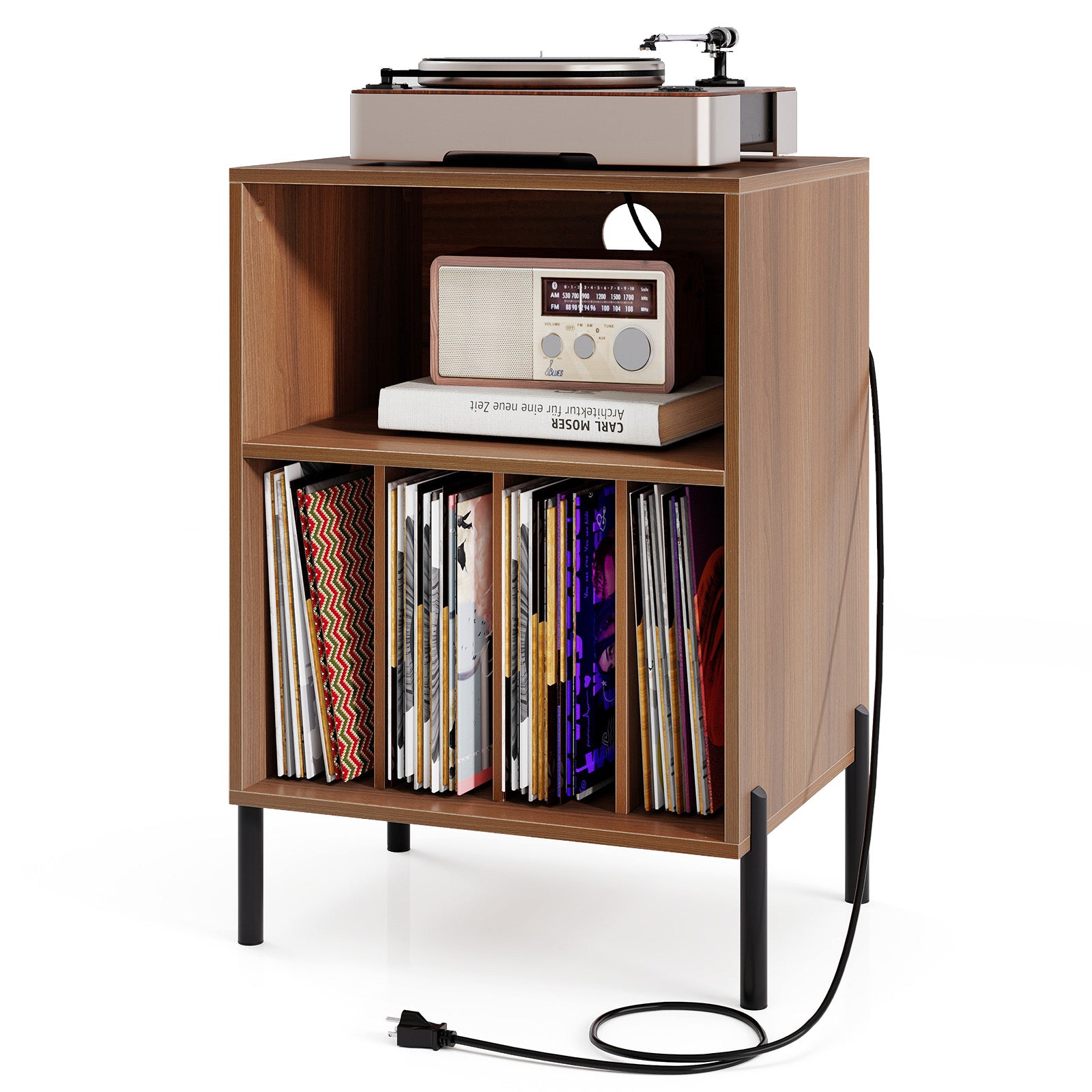 Record Player Stand with Record Storage Shelf and Charging Station-Walnut