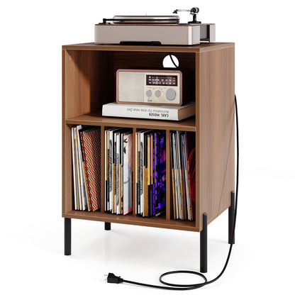 Record Player Stand with Record Storage Shelf and Charging Station-Walnut