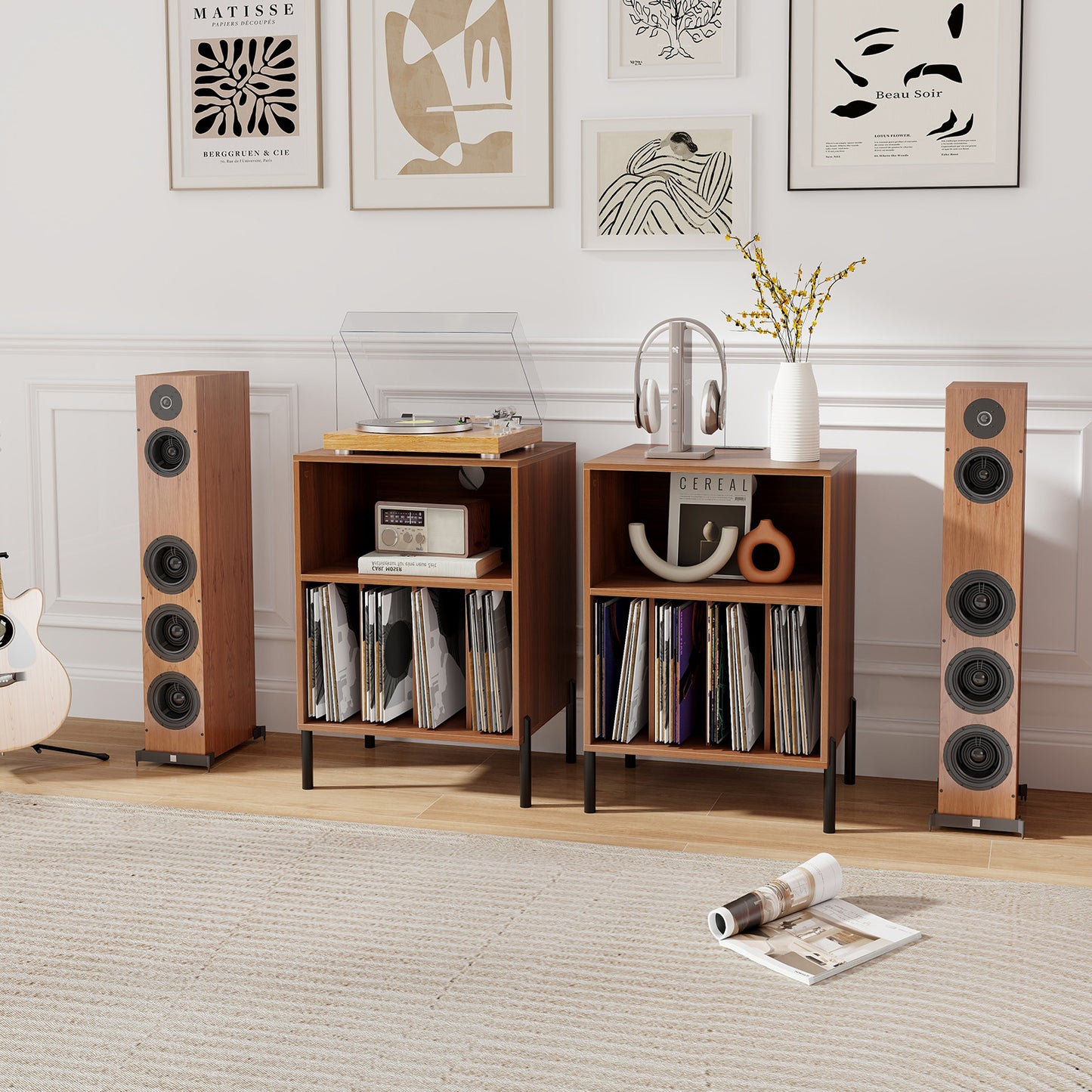 Record Player Stand with Record Storage Shelf and Charging Station-Walnut