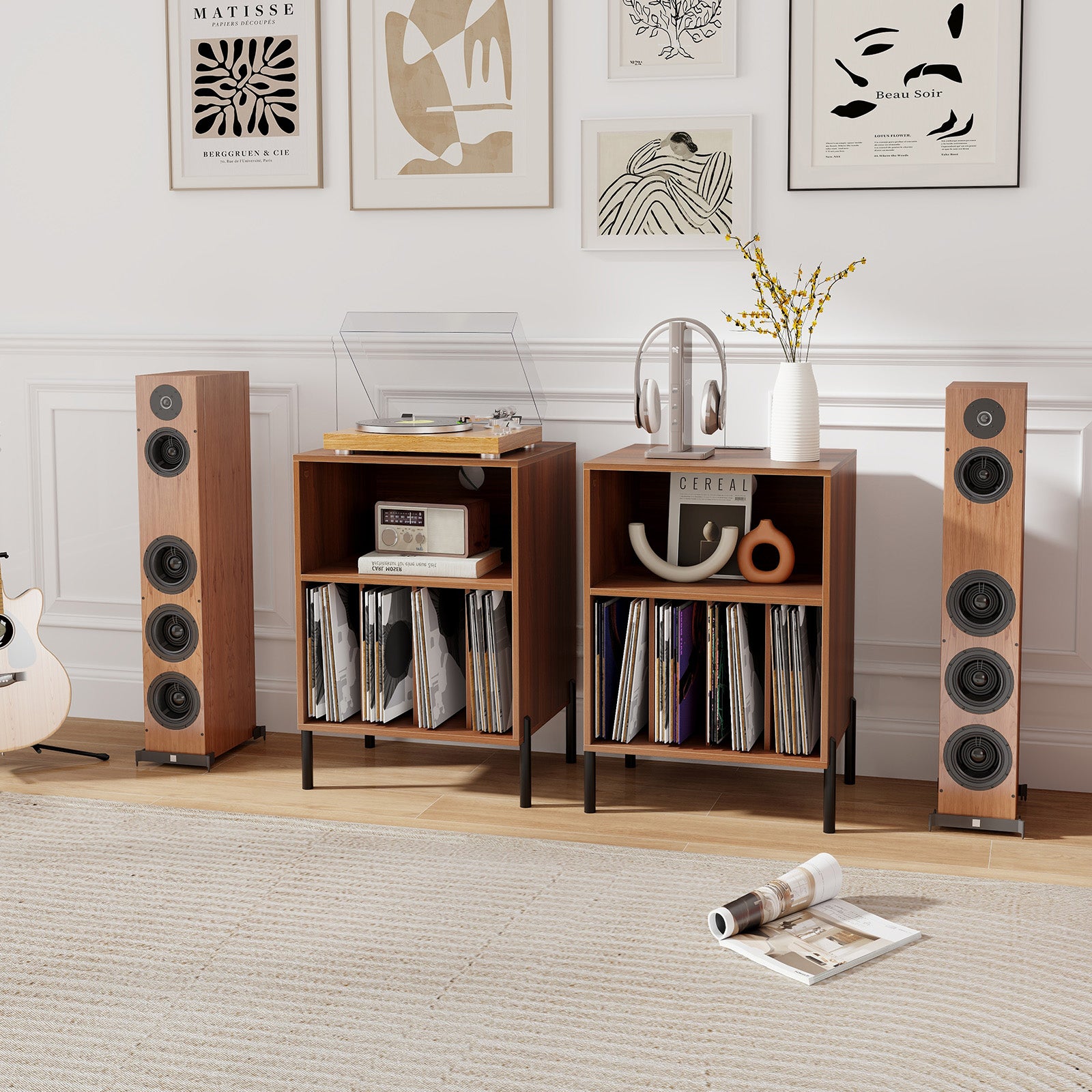Record Player Stand with Record Storage Shelf and Charging Station-Walnut