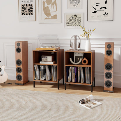 Record Player Stand with Record Storage Shelf and Charging Station-Walnut