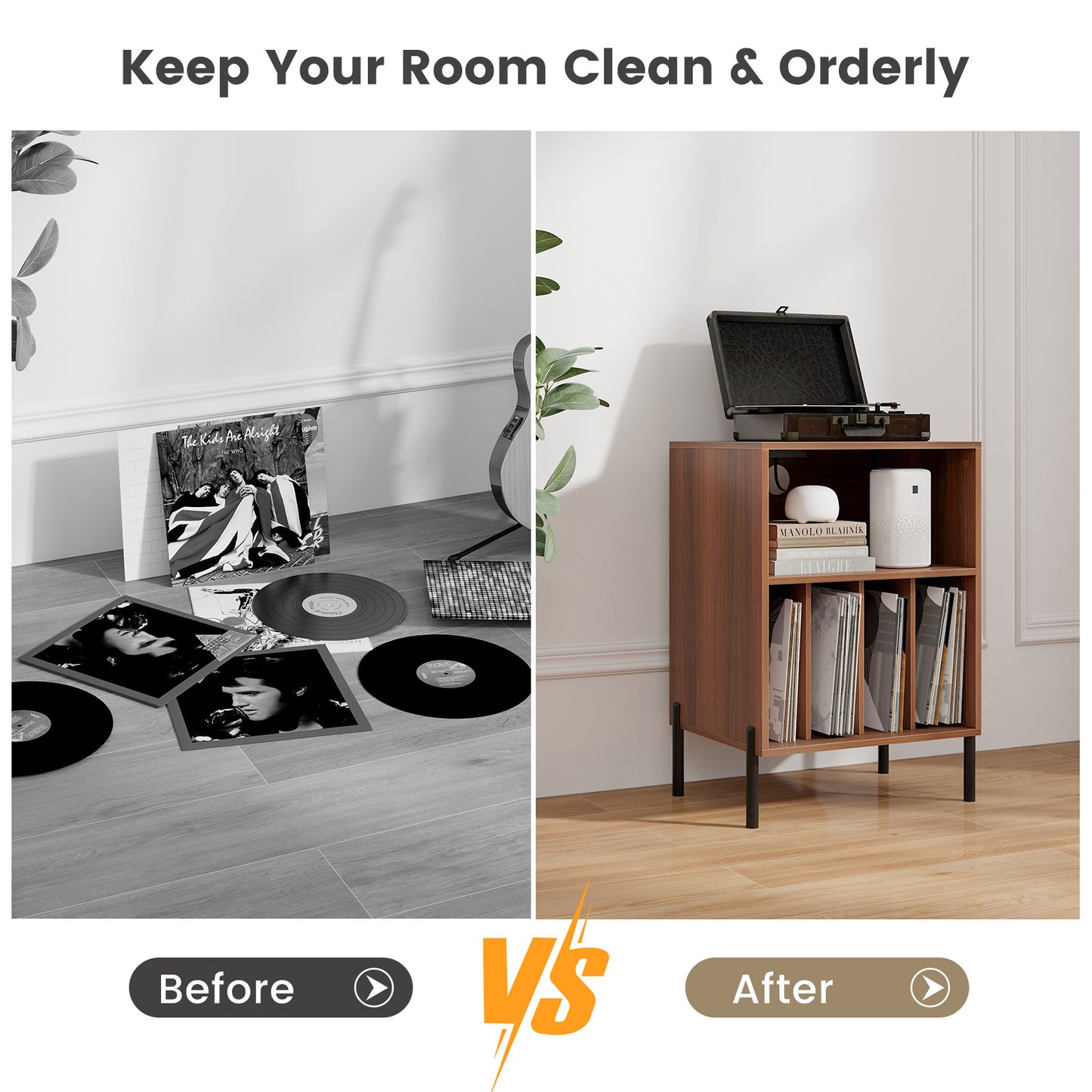 Record Player Stand with Record Storage Shelf and Charging Station-Walnut