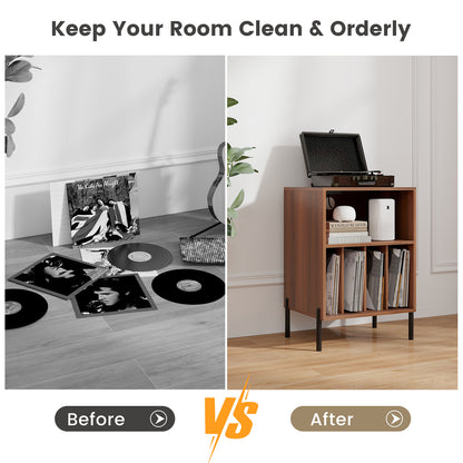 Record Player Stand with Record Storage Shelf and Charging Station-Walnut