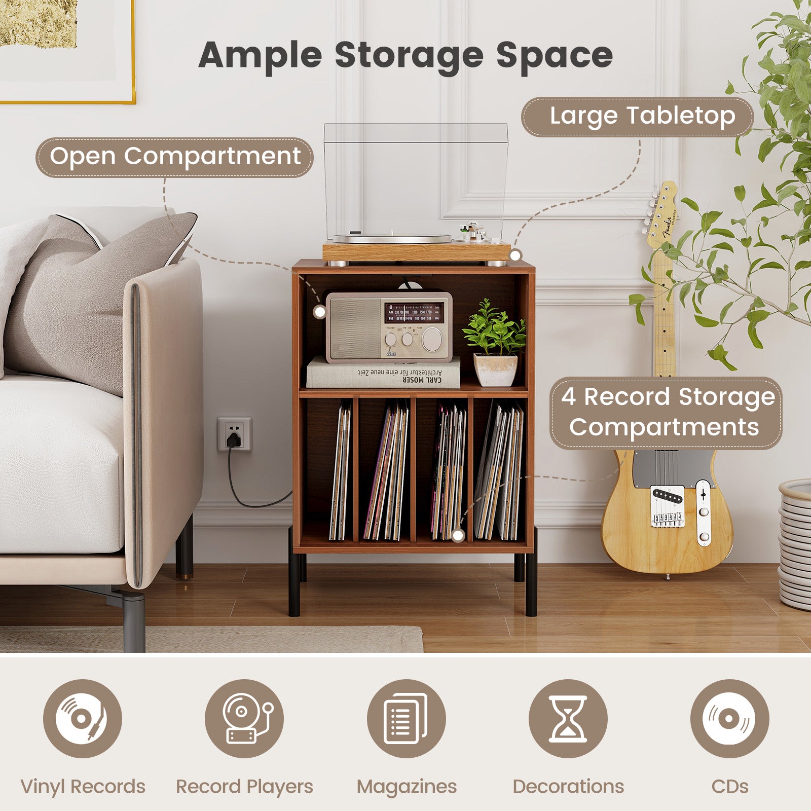 Record Player Stand with Record Storage Shelf and Charging Station-Walnut