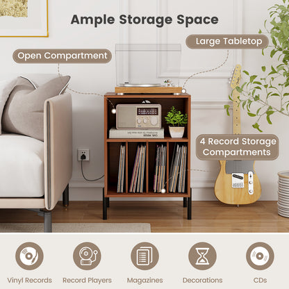 Record Player Stand with Record Storage Shelf and Charging Station-Walnut