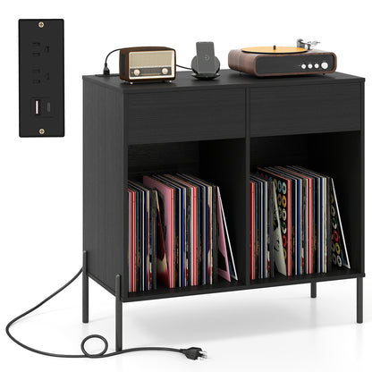 Record Player Stand with Power Outlets Double Wide Turntable Stand Vinyl Record Storage Table