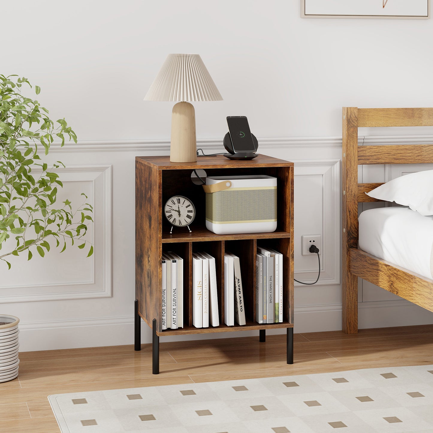 Record Player Stand with Record Storage Shelf and Charging Station-Coffee
