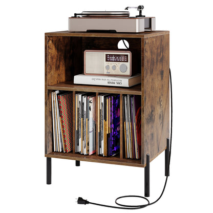 Record Player Stand with Record Storage Shelf and Charging Station-Coffee