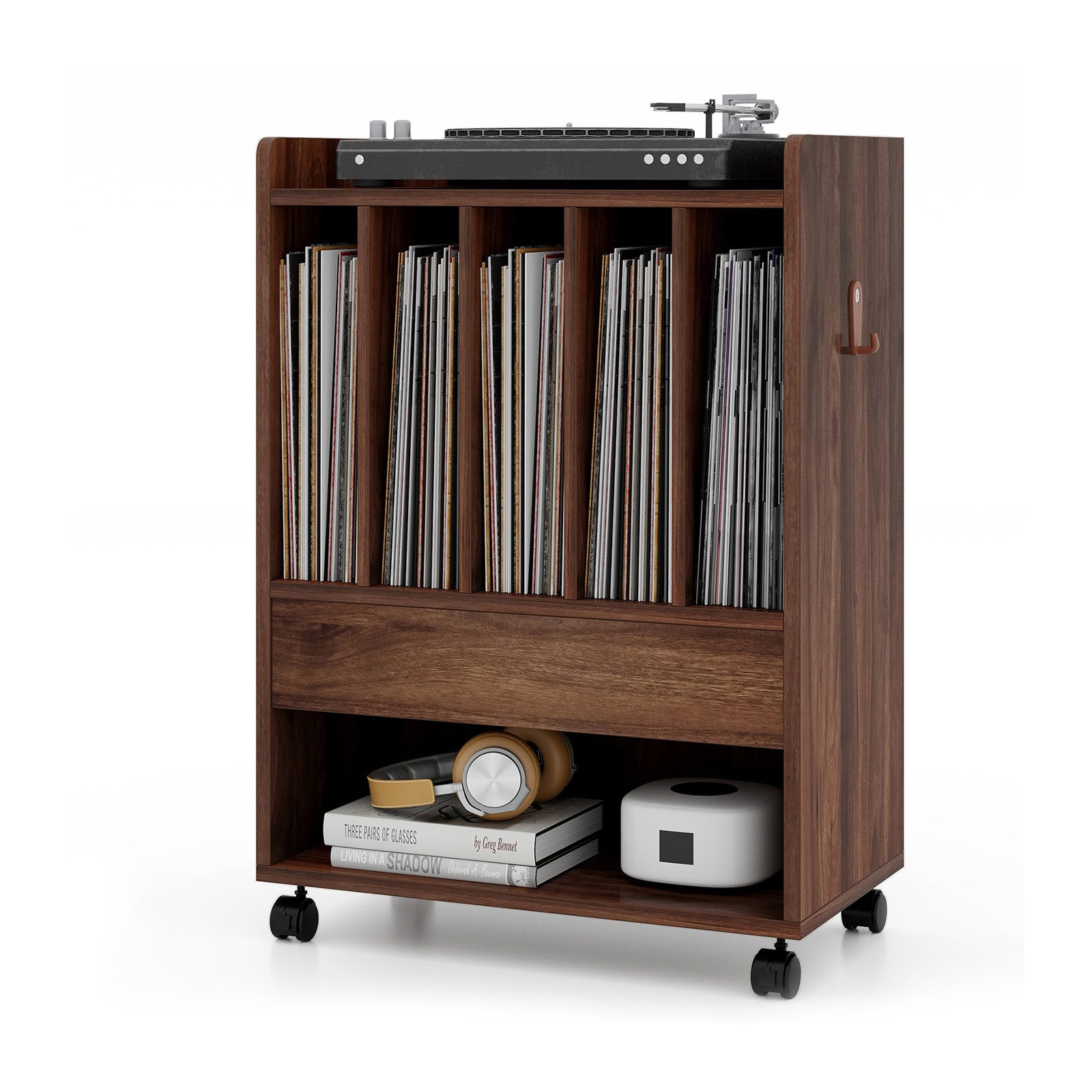 Record Rolling Turntable Player Stand with Drawer-Brown - Brown