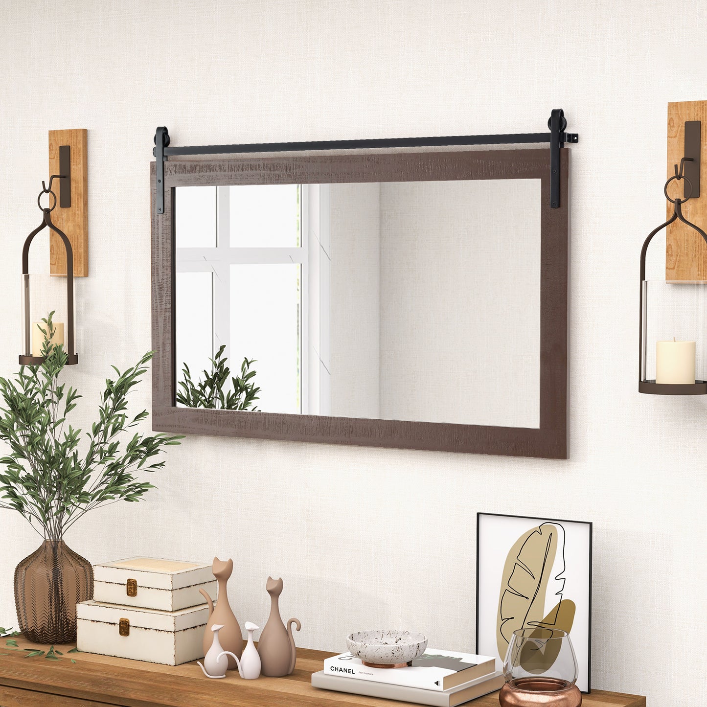 Rectangle Barn Door Style Wall Mounted Mirror with Solid Wood Frame-Walnut