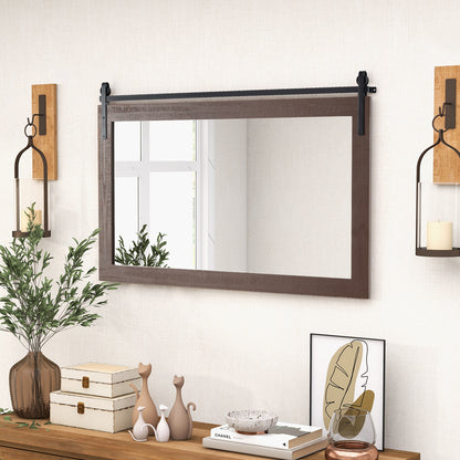 Rectangle Barn Door Style Wall Mounted Mirror with Solid Wood Frame-Walnut
