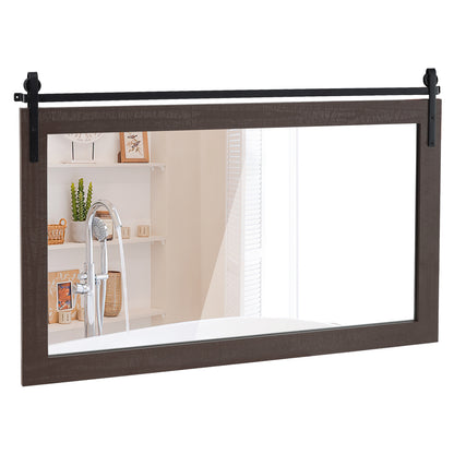 Rectangle Barn Door Style Wall Mounted Mirror with Solid Wood Frame-Walnut