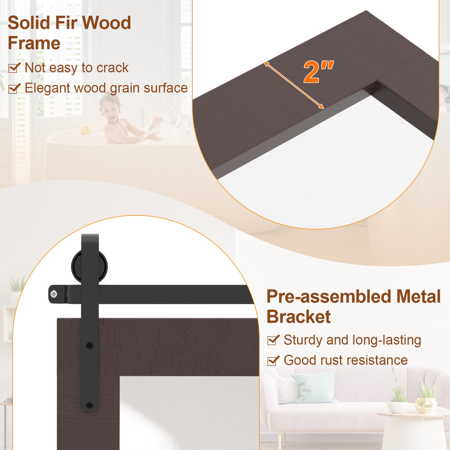 Rectangle Barn Door Style Wall Mounted Mirror with Solid Wood Frame-Walnut