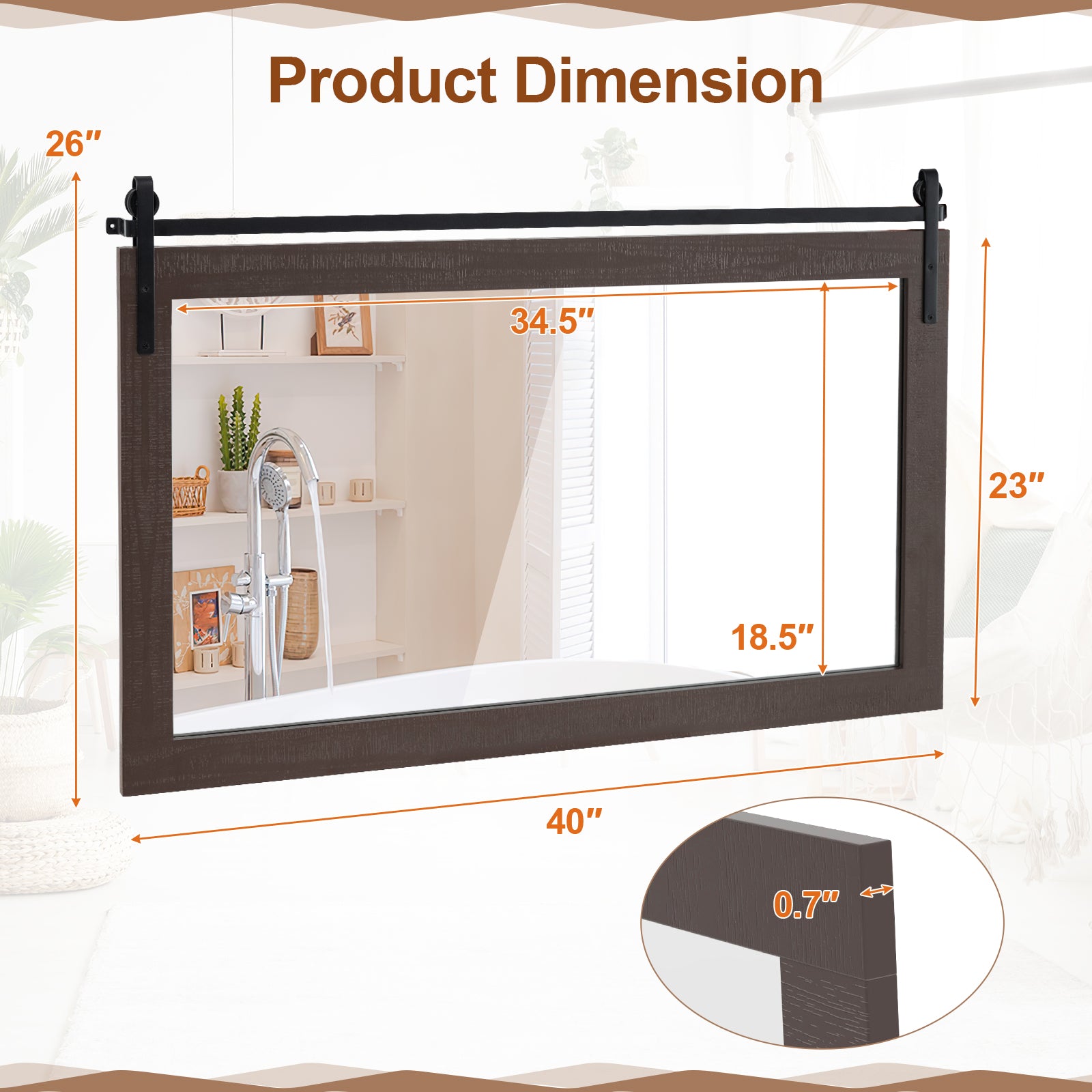 Rectangle Barn Door Style Wall Mounted Mirror with Solid Wood Frame-Walnut