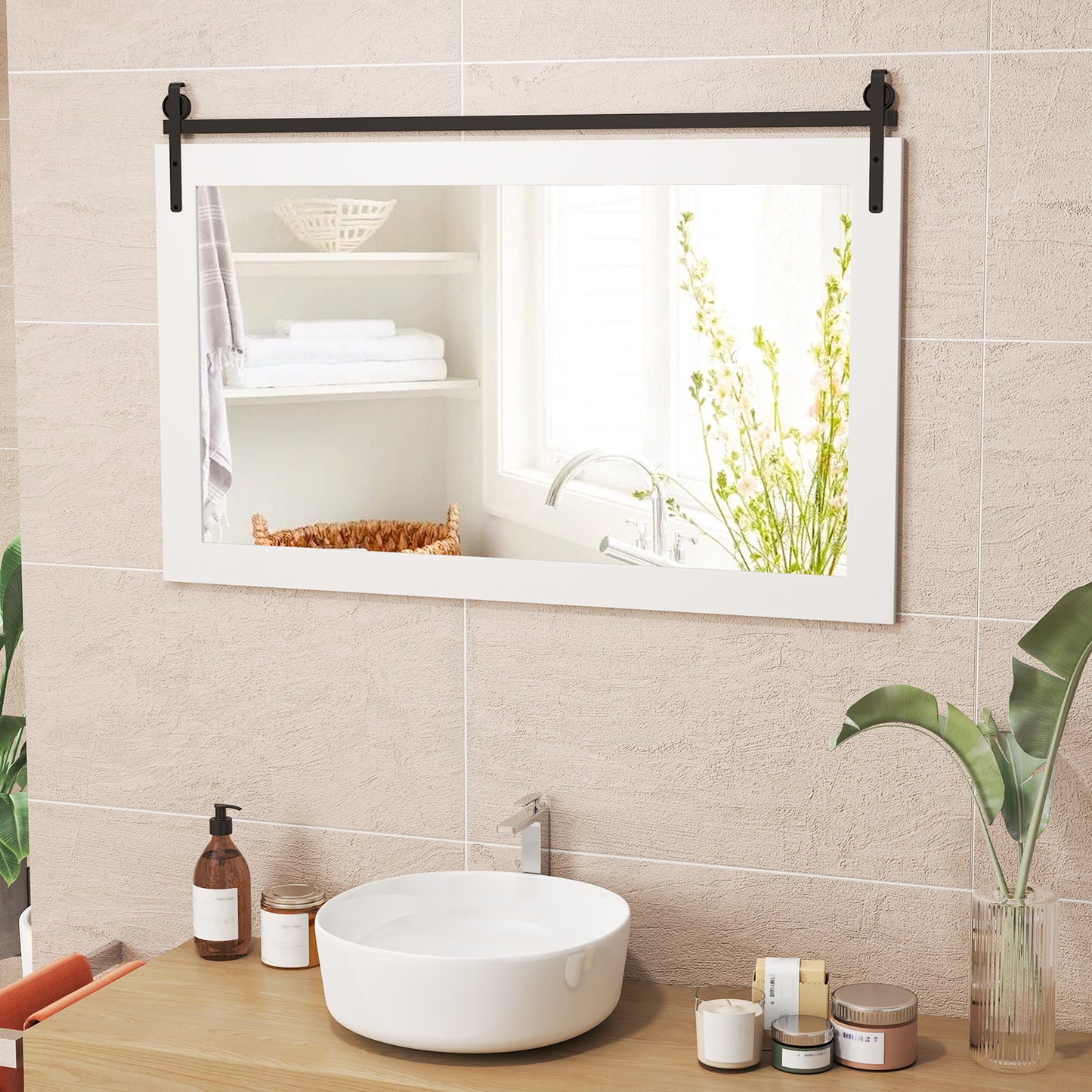 Rectangle Barn Door Style Wall Mounted Mirror with Solid Wood Frame-White