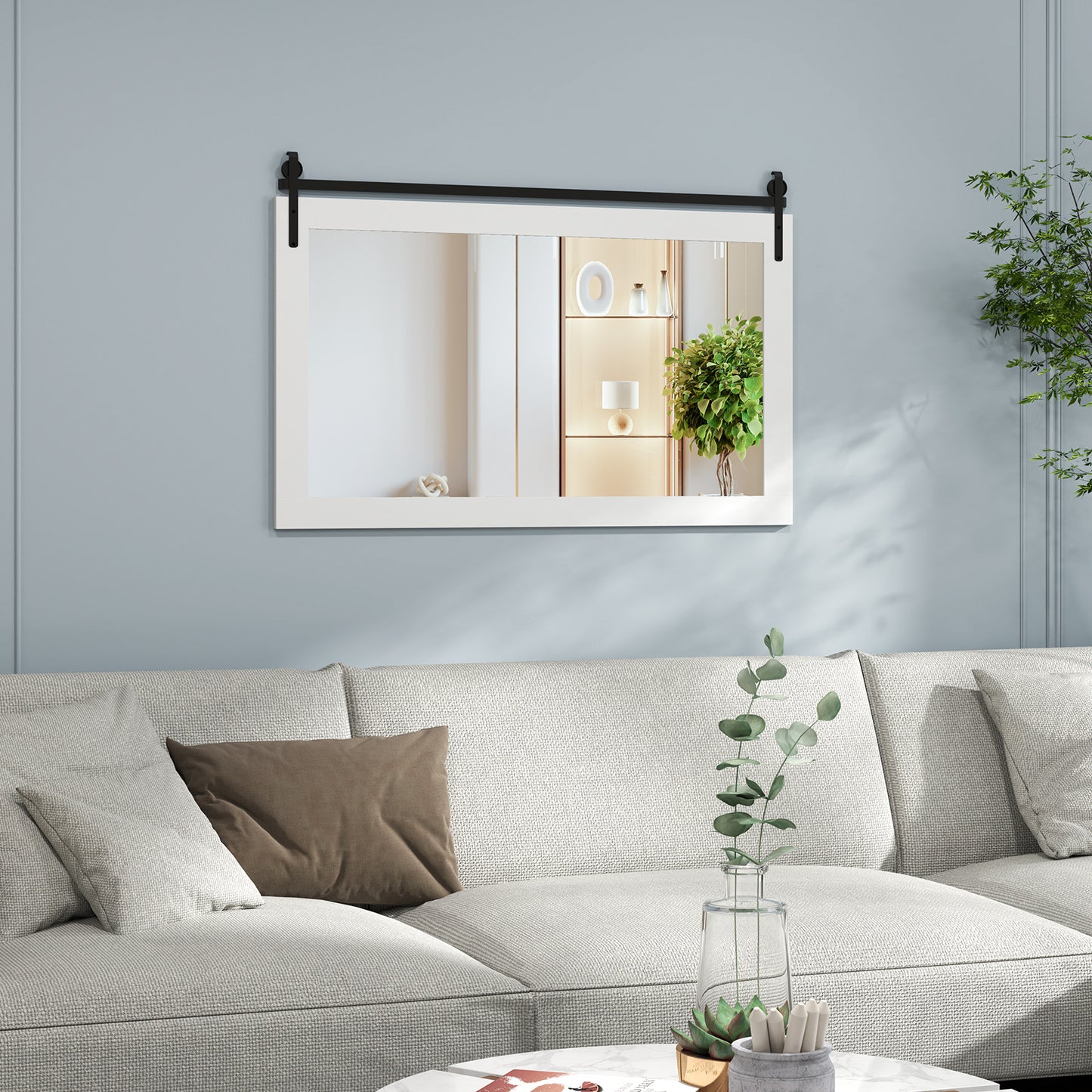 Rectangle Barn Door Style Wall Mounted Mirror with Solid Wood Frame-White