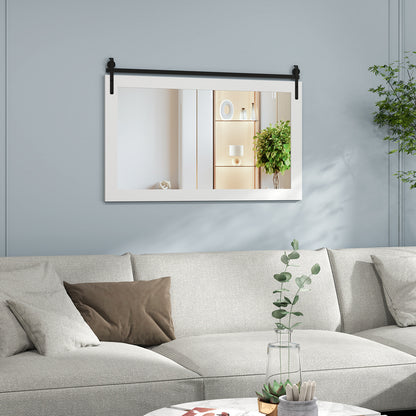 Rectangle Barn Door Style Wall Mounted Mirror with Solid Wood Frame-White