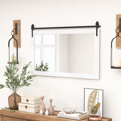 Rectangle Barn Door Style Wall Mounted Mirror with Solid Wood Frame-White