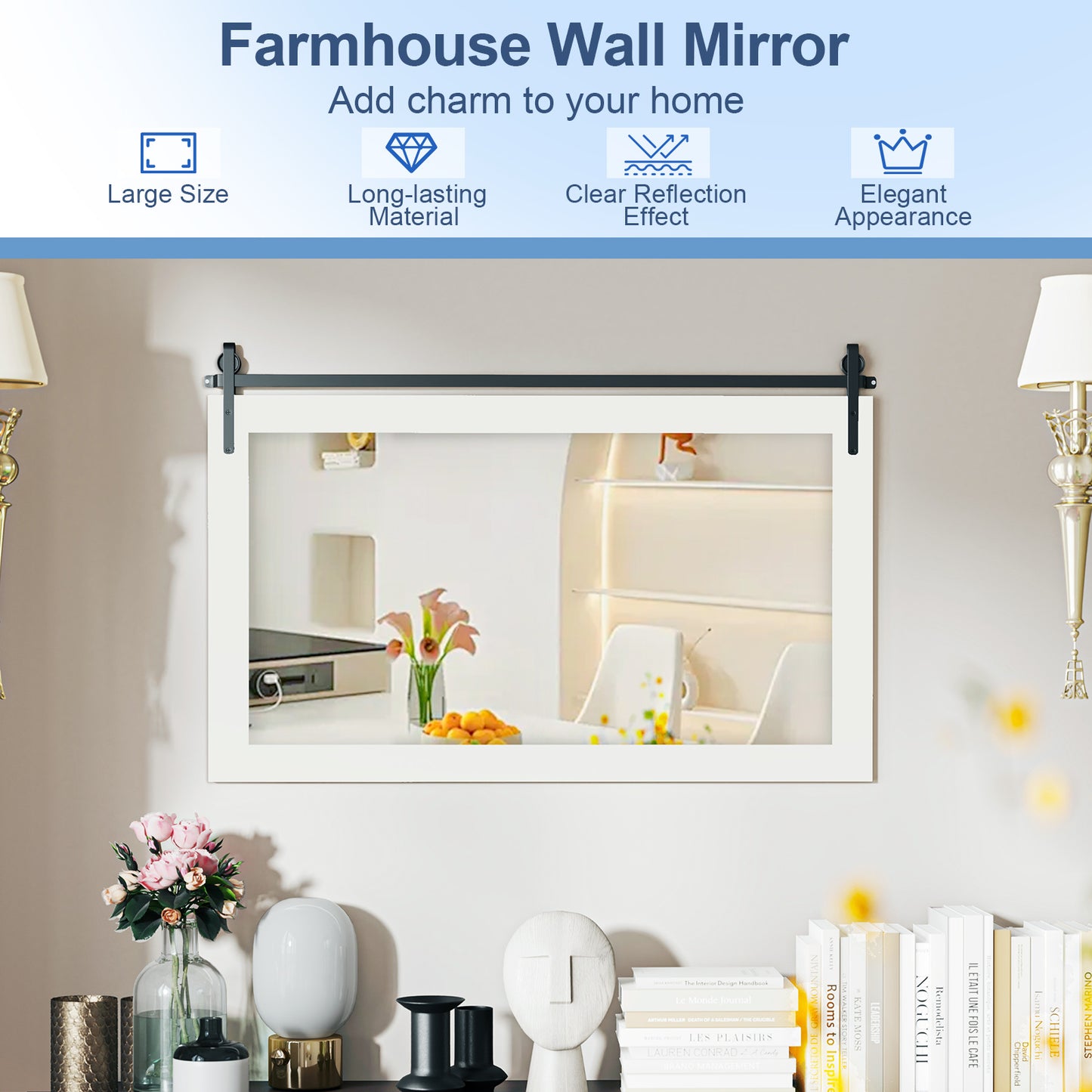 Rectangle Barn Door Style Wall Mounted Mirror with Solid Wood Frame-White