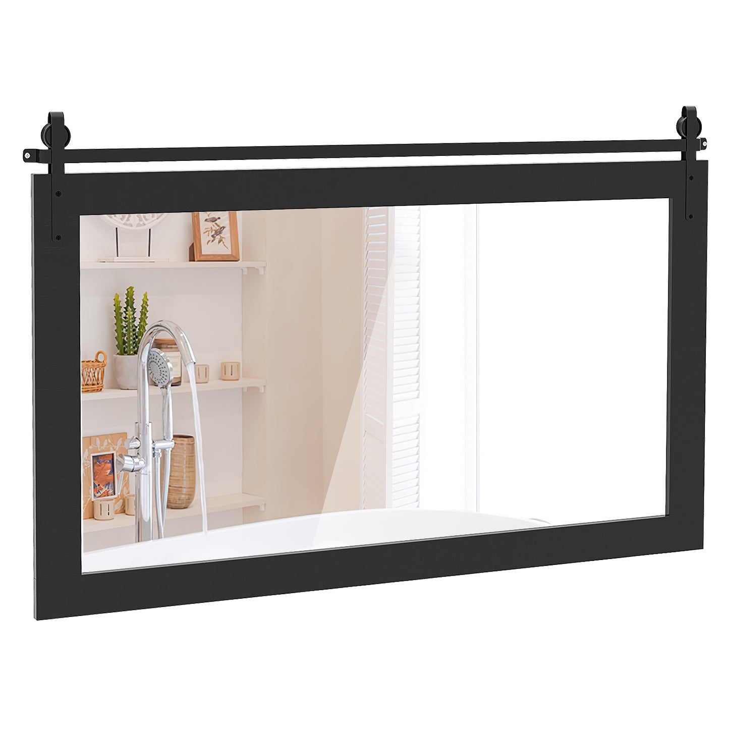 Rectangle Barn Door Style Wall Mounted Mirror with Solid Wood Frame-Black
