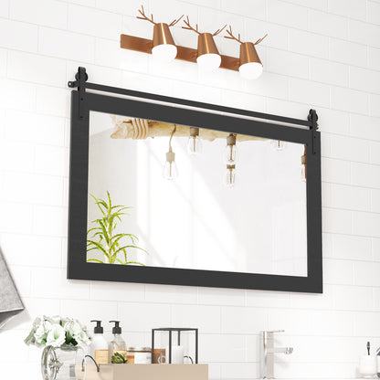 Rectangle Barn Door Style Wall Mounted Mirror with Solid Wood Frame-Black