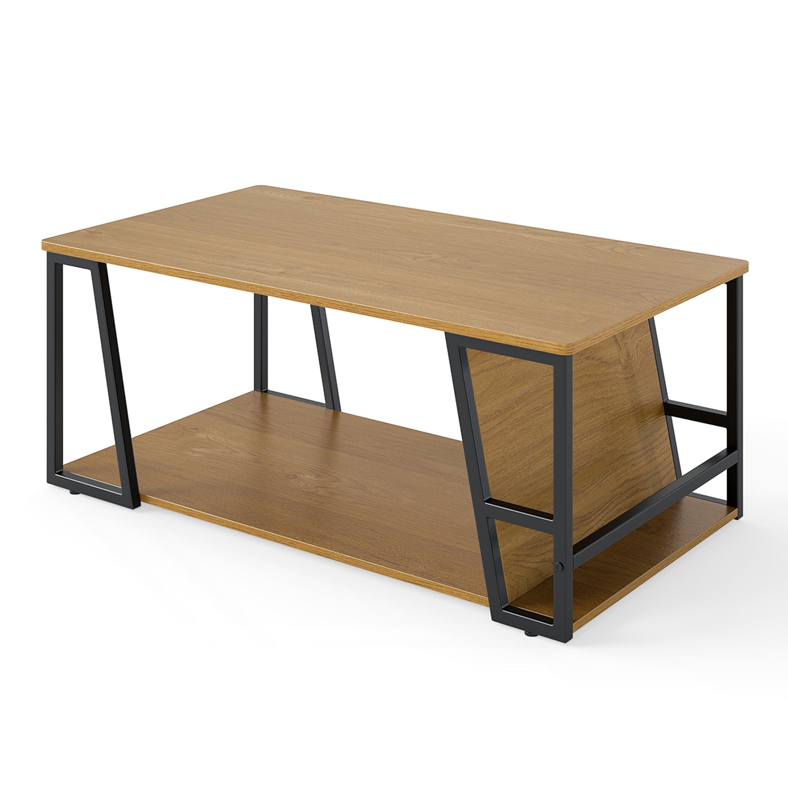 Rectangle Coffee Table 2-tier Industrial Accent Table with Storage Shelf and Compartment-Natural