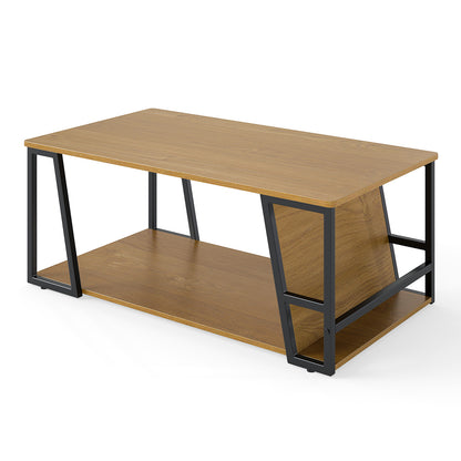 Rectangle Coffee Table 2-tier Industrial Accent Table with Storage Shelf and Compartment-Natural