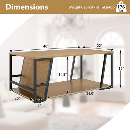 Rectangle Coffee Table 2-tier Industrial Accent Table with Storage Shelf and Compartment-Natural