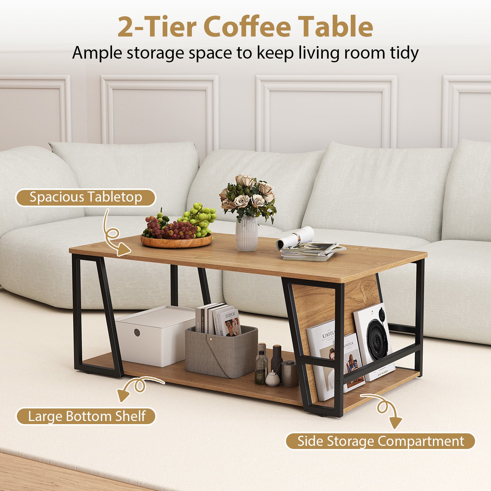 Rectangle Coffee Table 2-tier Industrial Accent Table with Storage Shelf and Compartment-Natural