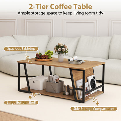 Rectangle Coffee Table 2-tier Industrial Accent Table with Storage Shelf and Compartment-Natural