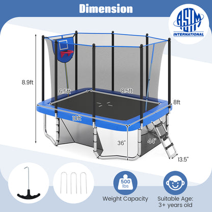 Rectangle Outdoor Trampoline 10 x 8 FT Heavy-Duty Trampoline with Basketball Hoop-Blue