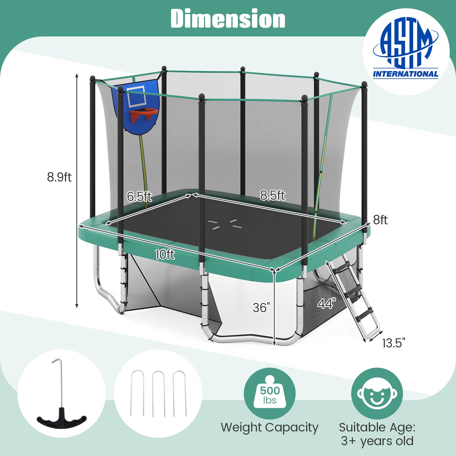 Rectangle Outdoor Trampoline 10 x 8 FT Heavy-Duty Trampoline with Basketball Hoop-Green