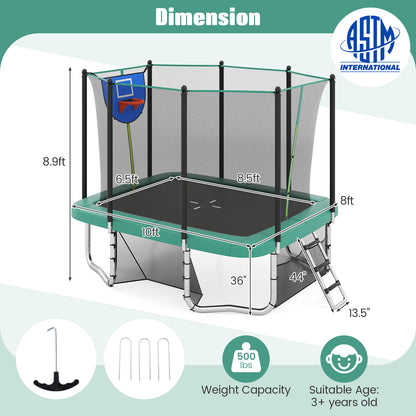 Rectangle Outdoor Trampoline 10 x 8 FT Heavy-Duty Trampoline with Basketball Hoop-Green