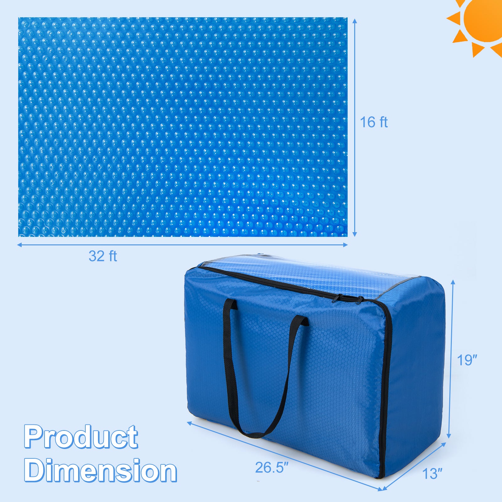 Rectangle Swimming Pool Cover 12-MIL Heat Retaining Pool Solar Blanket with Carrying Bag-32FT x 16FT