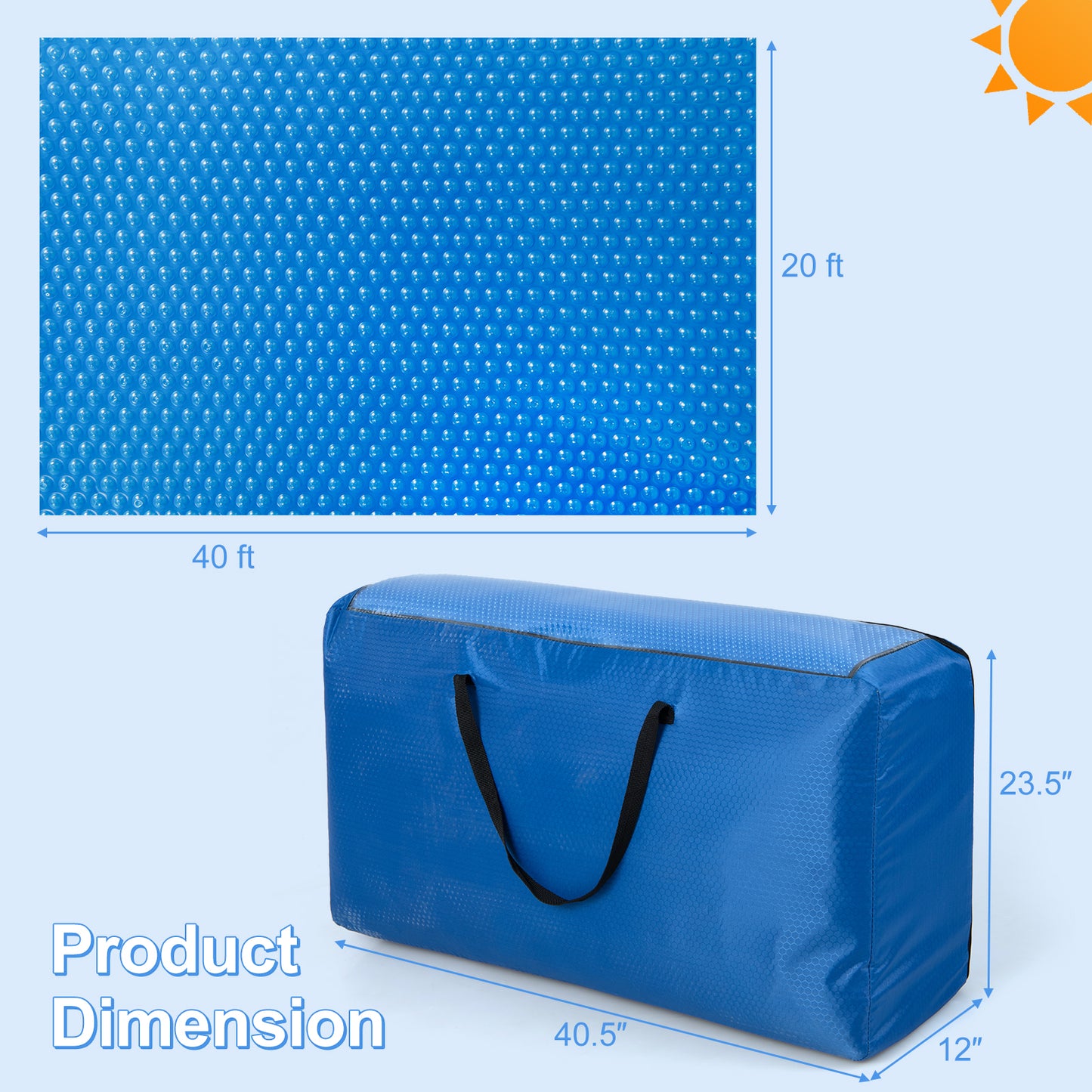 Rectangle Swimming Pool Cover 12-MIL Heat Retaining Pool Solar Blanket with Carrying Bag-40FT x 20FT