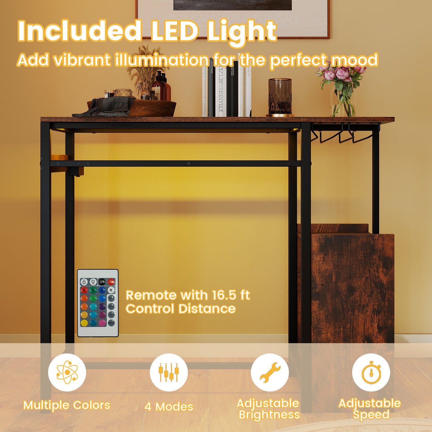 Rectangular Bar Table with Charging Station and LED Light-Rustic Brown