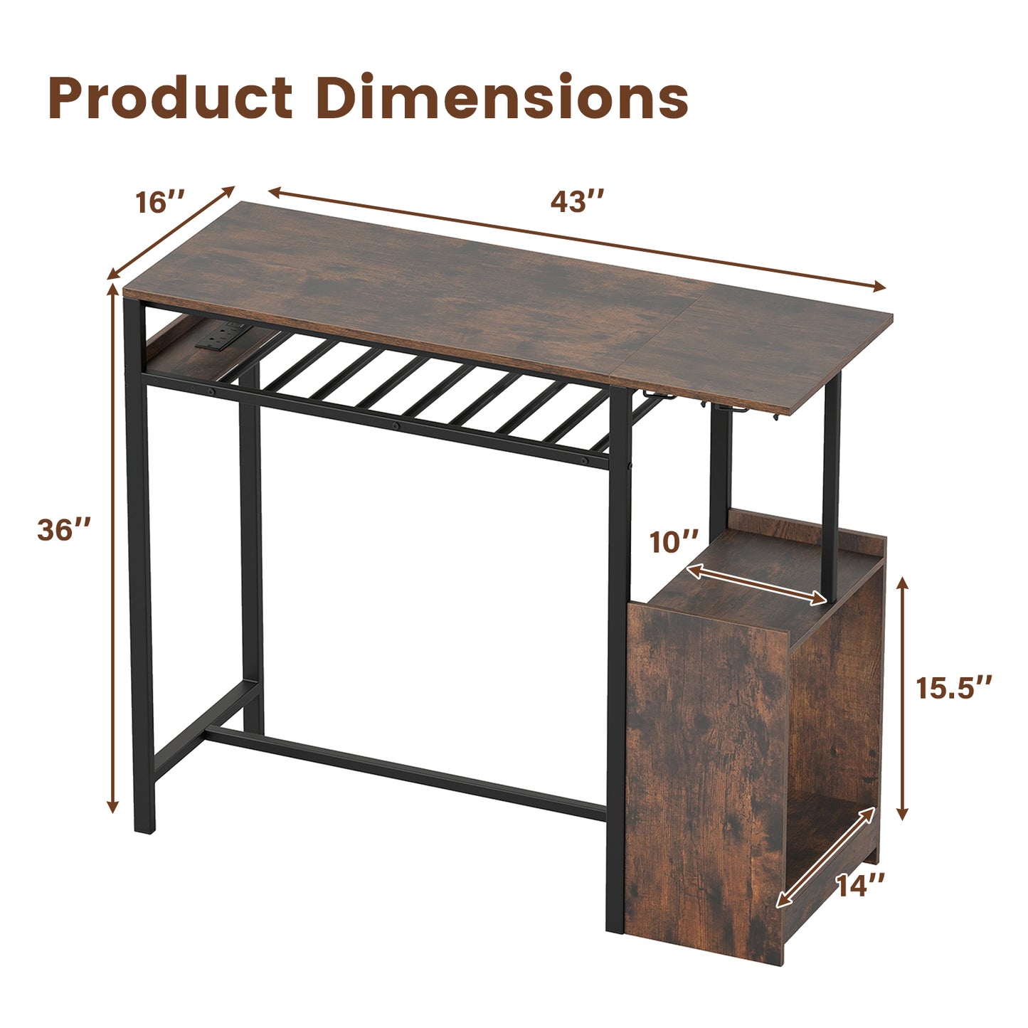 Rectangular Bar Table with Charging Station and LED Light-Rustic Brown