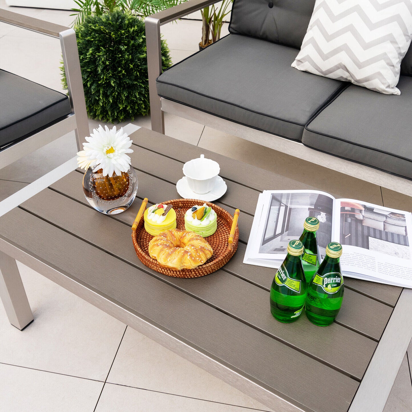 Modern Rectangular Patio Coffee Table with Plastic Wood Tabletop and Rustproof Aluminum Frame-Gray