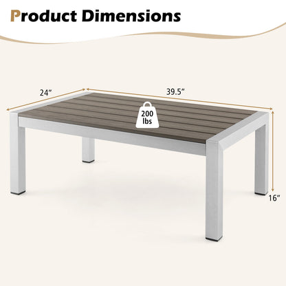 Modern Rectangular Patio Coffee Table with Plastic Wood Tabletop and Rustproof Aluminum Frame-Gray