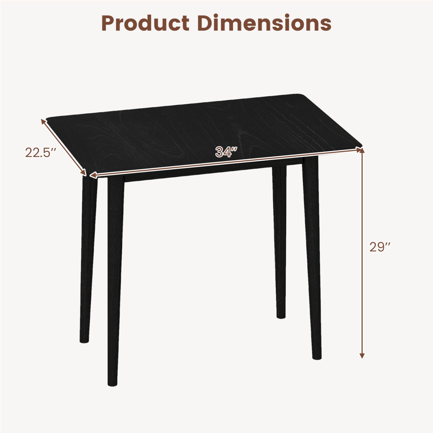 Rectangular Wooden Dining Table for 2-4 34 Inch Farmhouse Solid Wood Kitchen Table-Black