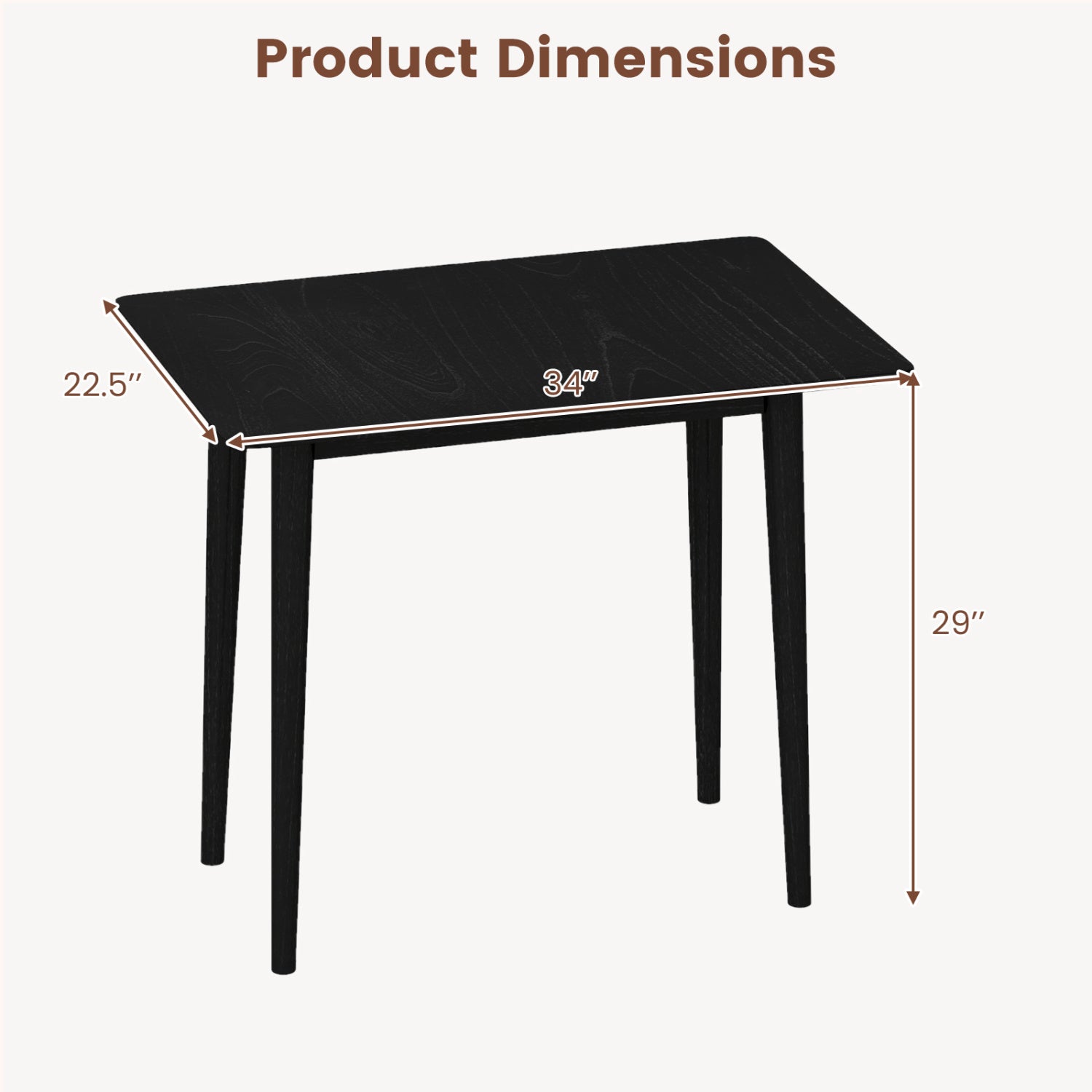 Rectangular Wooden Dining Table for 2-4 34 Inch Farmhouse Solid Wood Kitchen Table-Black