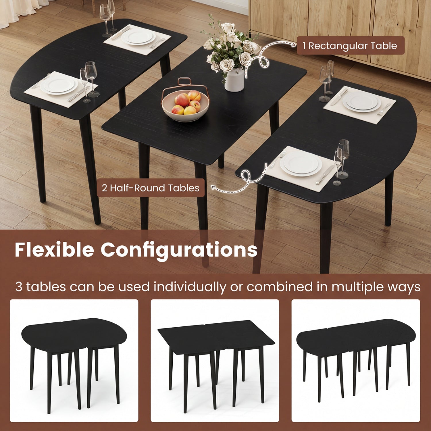 Rectangular Wooden Dining Table for 2-4 34 Inch Farmhouse Solid Wood Kitchen Table-Black