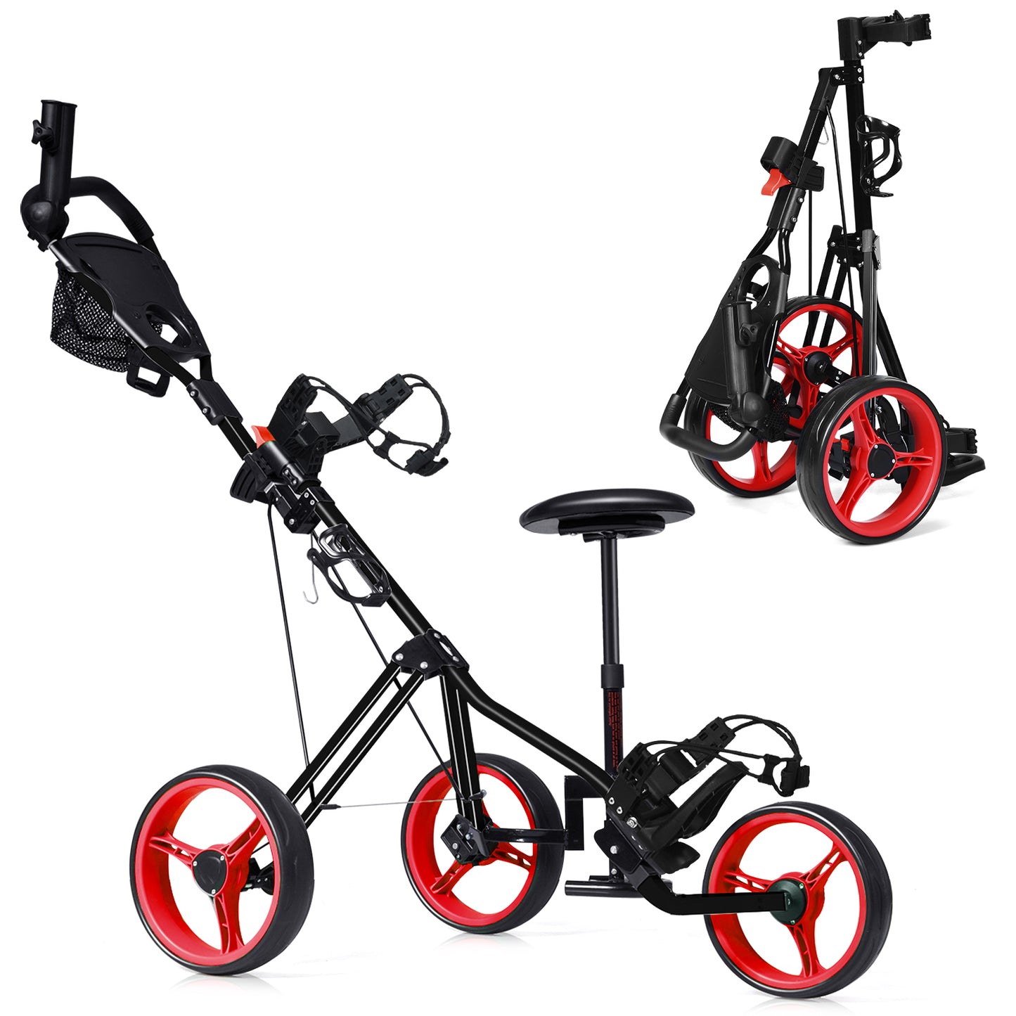 3 Wheels Push Pull Golf Trolley with Scoreboard Bag-Green - Red