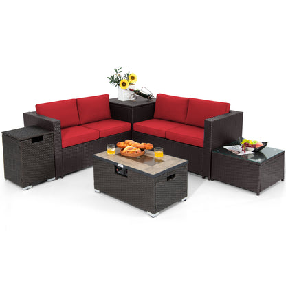 6 Pieces Outdoor Wicker Furniture Set with 32 Inch Propane Fire Pit Table-Beige - Red